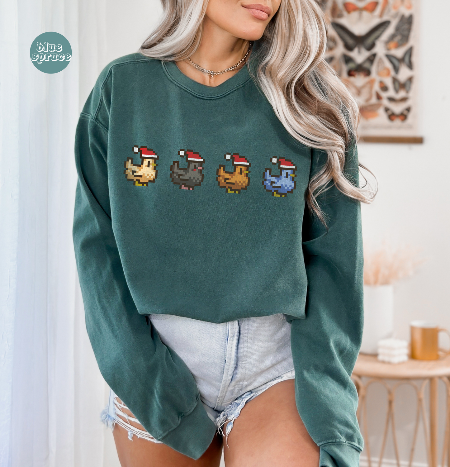 Stardew Valley Inspired Christmas Pixel Chickens Sweatshirt | Comfort Colors®