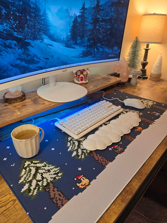 Snowy Night Pixel Chickens Gaming Desk Mat