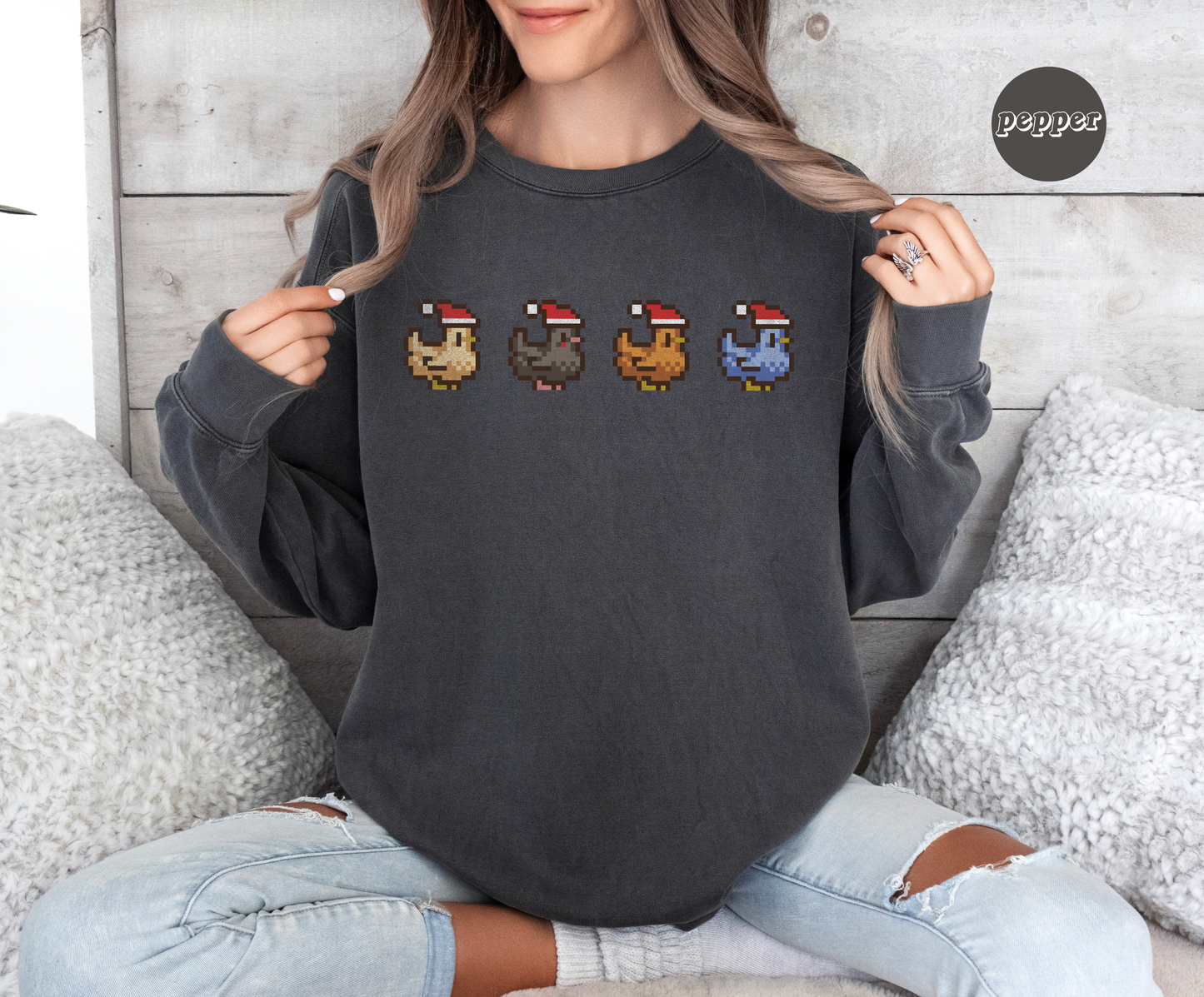 Stardew Valley Inspired Christmas Pixel Chickens Sweatshirt | Comfort Colors®