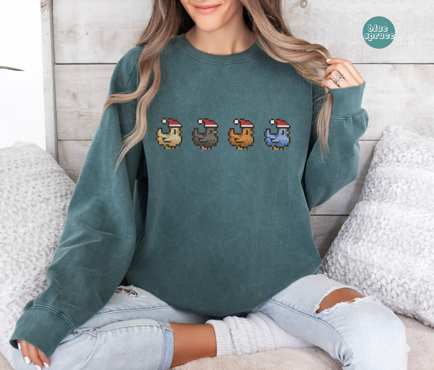 Stardew Valley Inspired Christmas Pixel Chickens Sweatshirt | Comfort Colors®