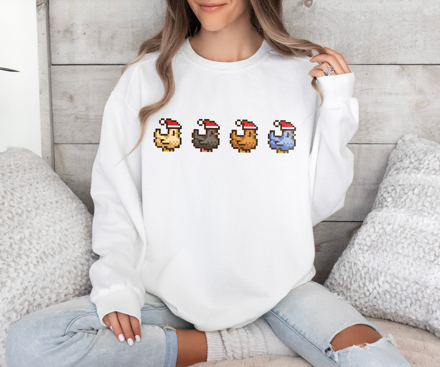 Stardew Valley Inspired Christmas Pixel Chickens Sweatshirt | Comfort Colors®