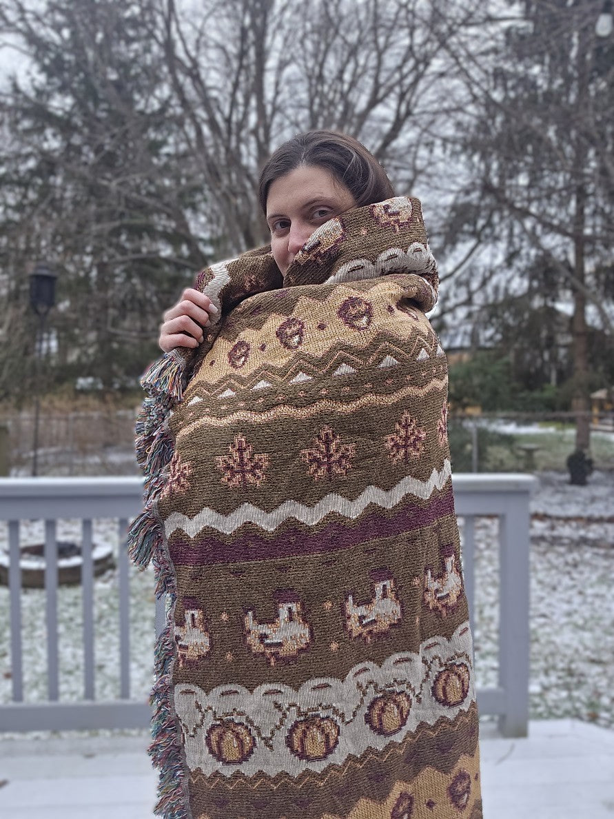 Fall Pixel Chickens Woven Throw Blanket