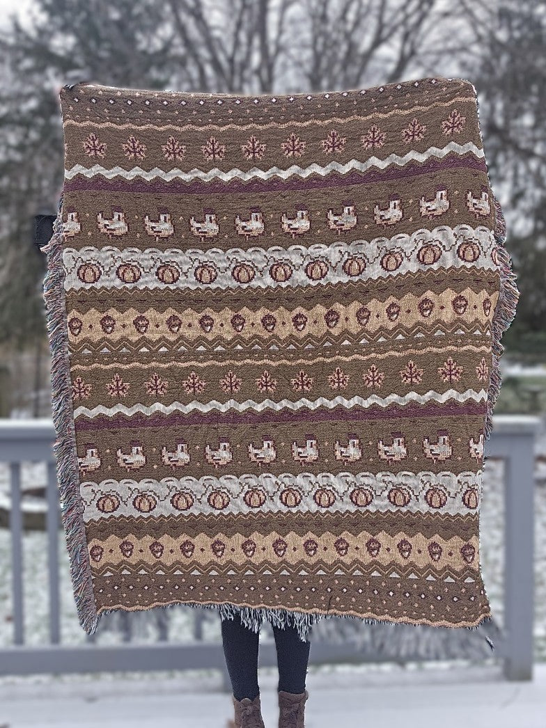 Fall Pixel Chickens Woven Throw Blanket
