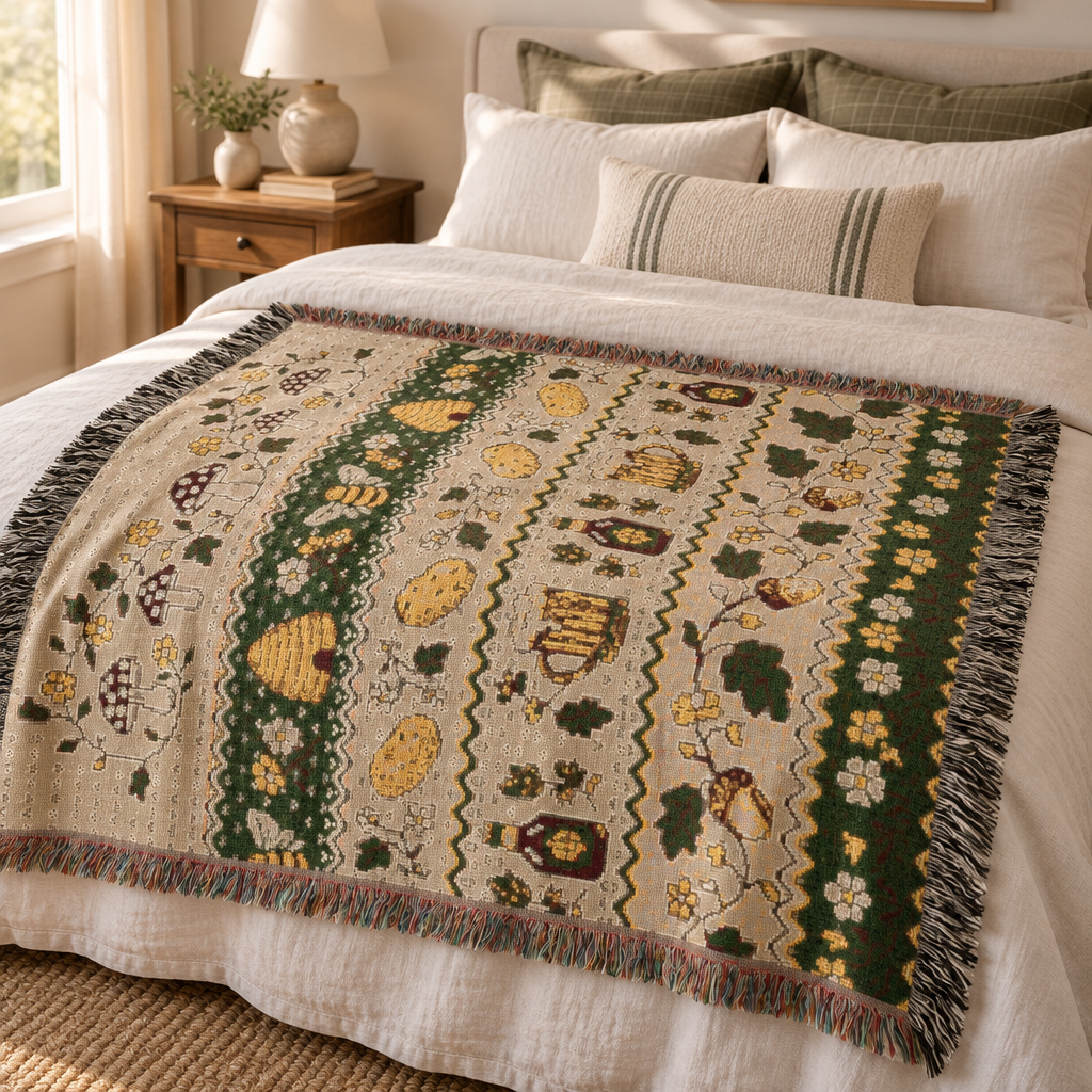 Ale and Potatoes Woven Throw | Fantasy Inspired Blanket| Nerdy Gifts | Fellowship Tapestry| Gift for Geek | Bees and Mushtrooms New Zealand