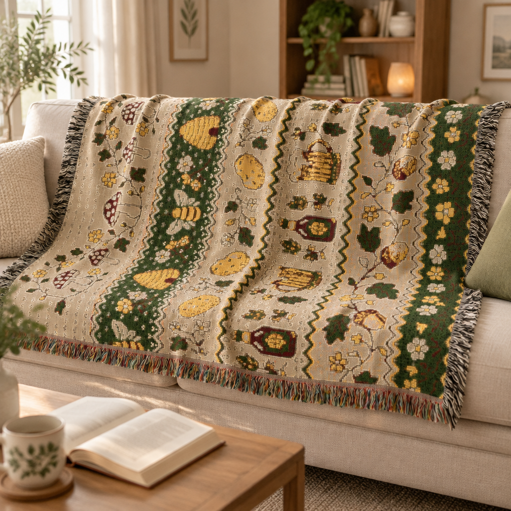 Ale and Potatoes Woven Throw | Fantasy Inspired Blanket| Nerdy Gifts | Fellowship Tapestry| Gift for Geek | Bees and Mushtrooms New Zealand