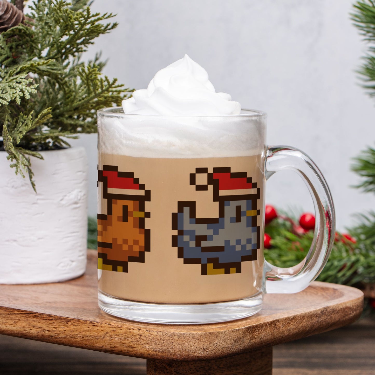 Christmas Pixel Chickens Mug Glass