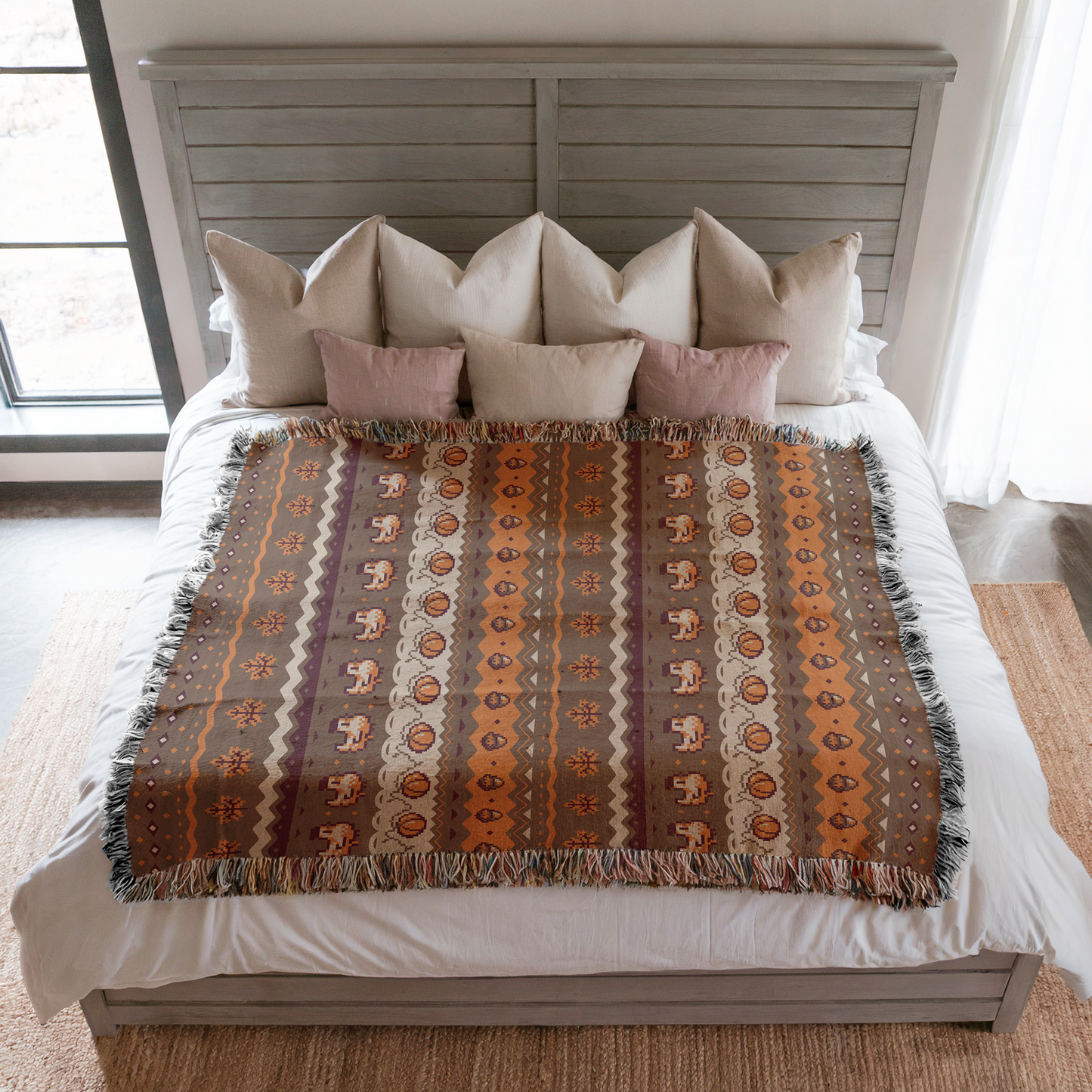 Stardew Fall Pixel Chickens and Pumpkins Woven Blanket