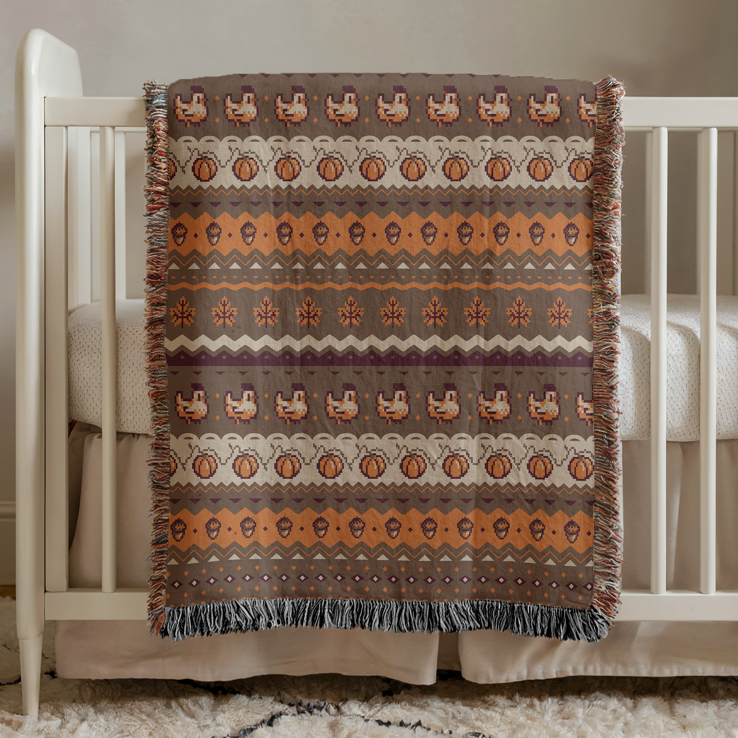 Stardew Fall Pixel Chickens and Pumpkins Woven Blanket