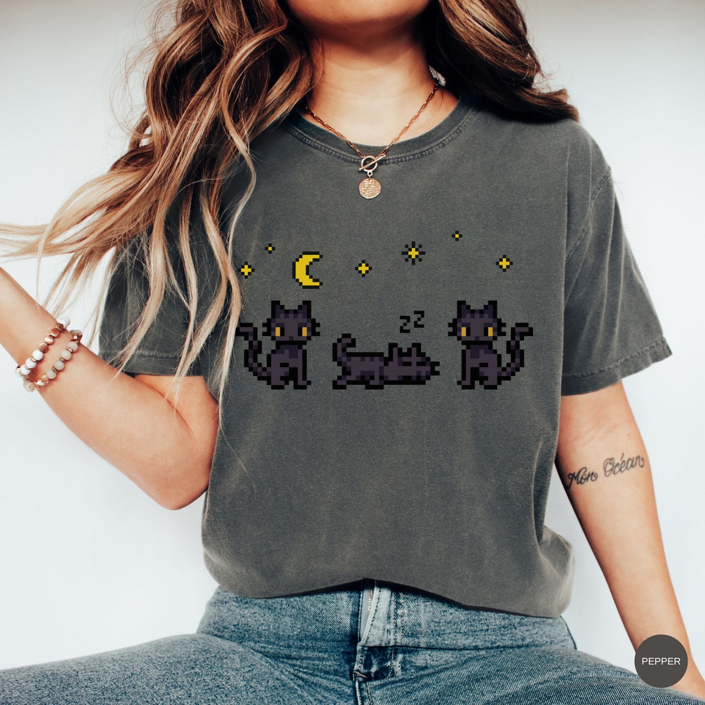 Black Cat Night Pixel Tee
