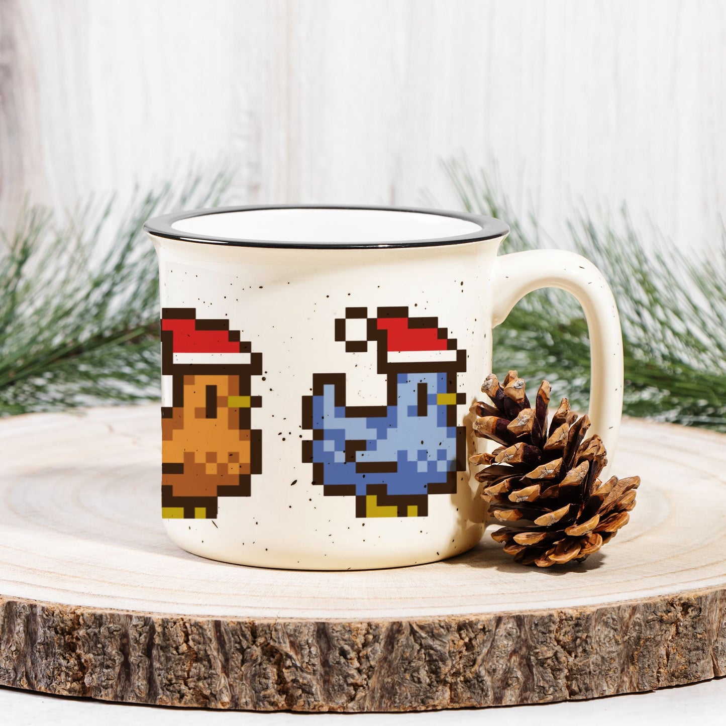 Christmas Pixel Chicken Ceramic Camp Mug Speckled Cream 13oz