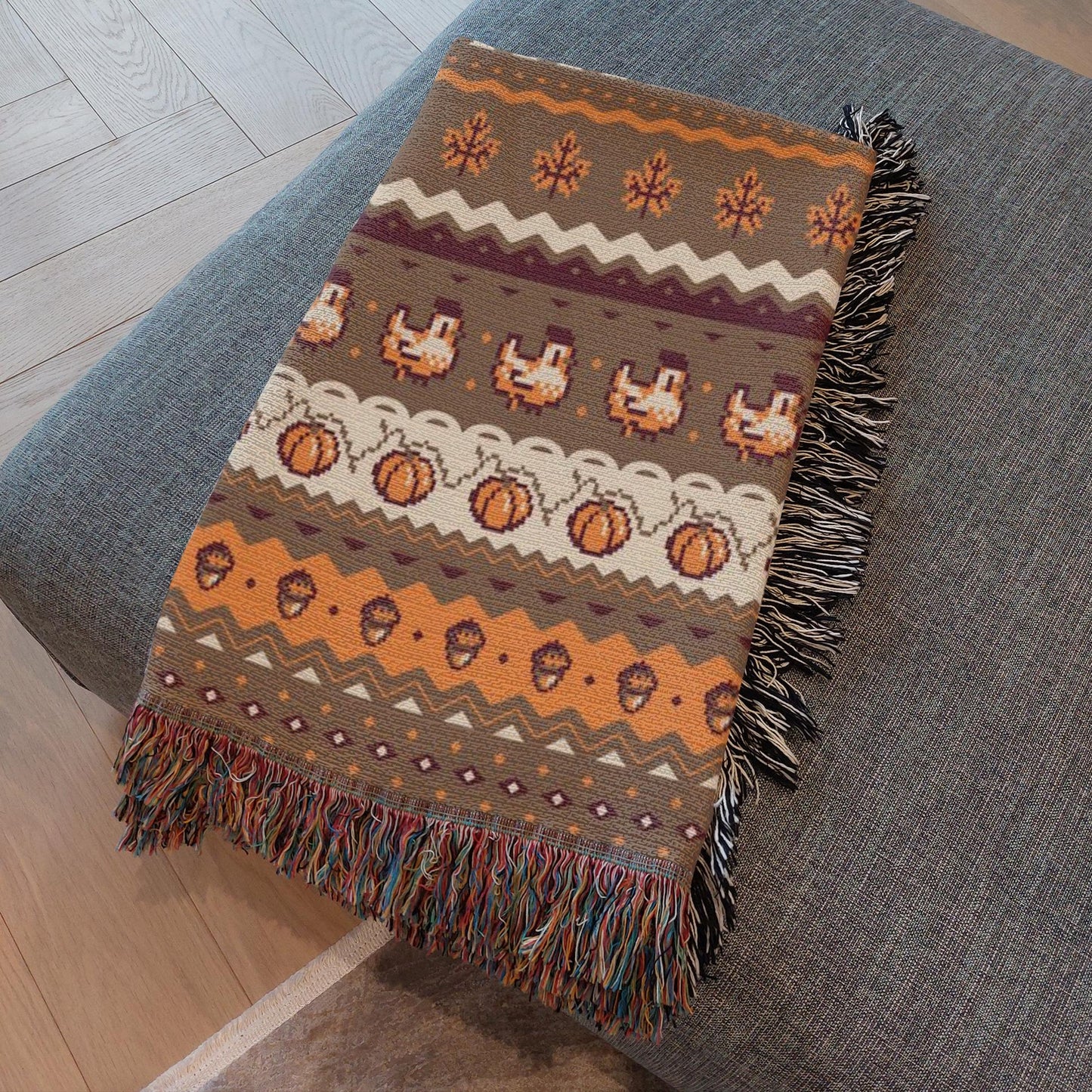 Stardew Fall Pixel Chickens and Pumpkins Woven Blanket