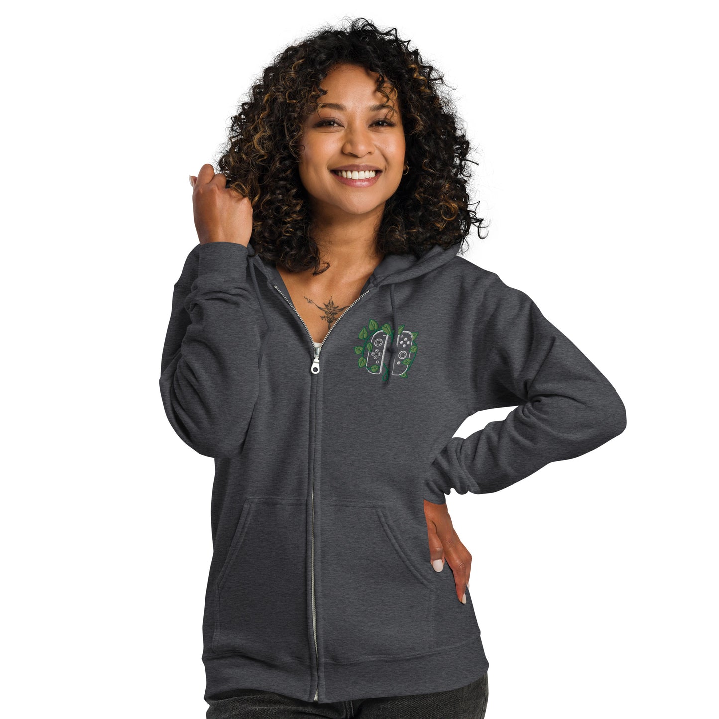 Joy Con Leaf Embroidered Unisex Zip Hoodie