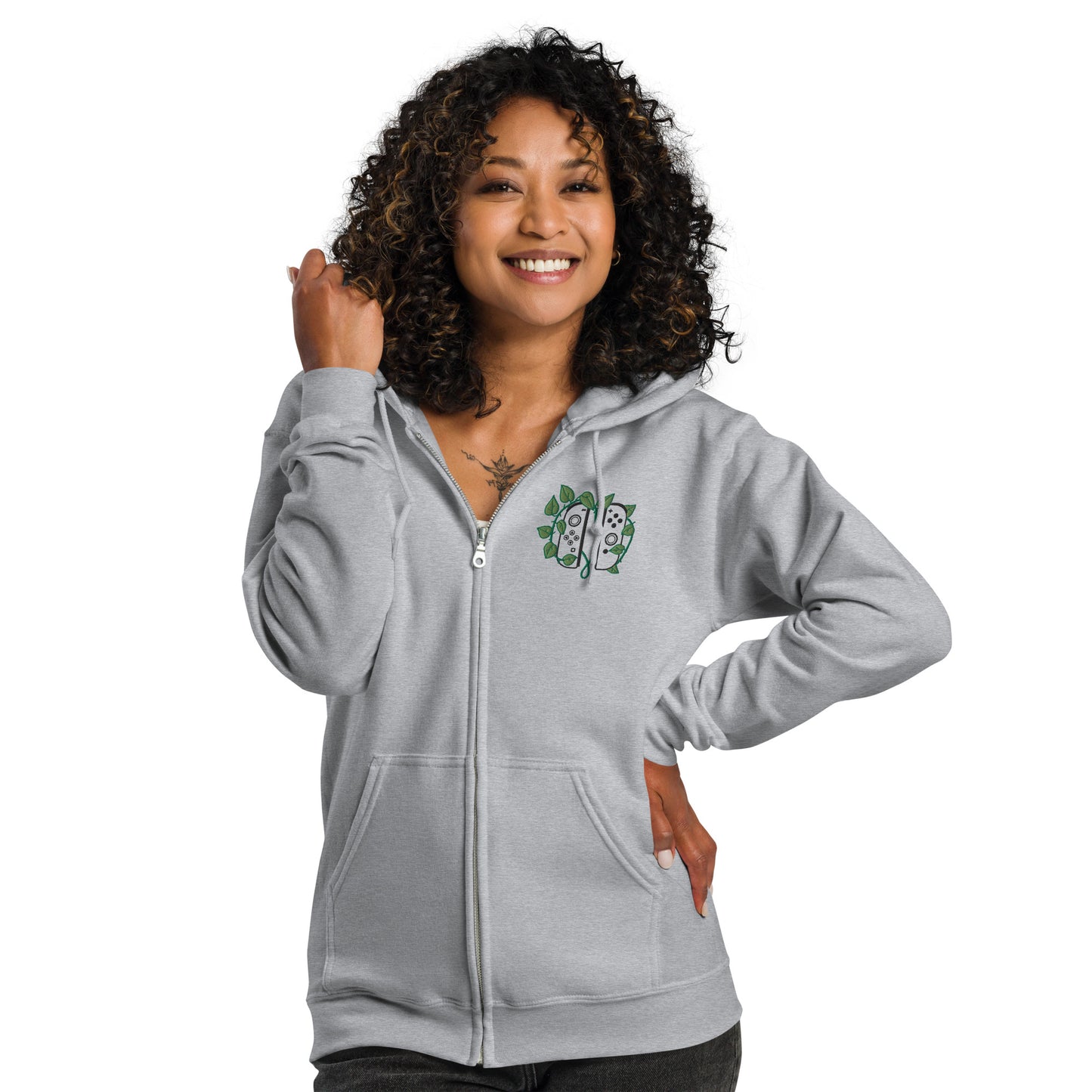 Joy Con Leaf Embroidered Unisex Zip Hoodie