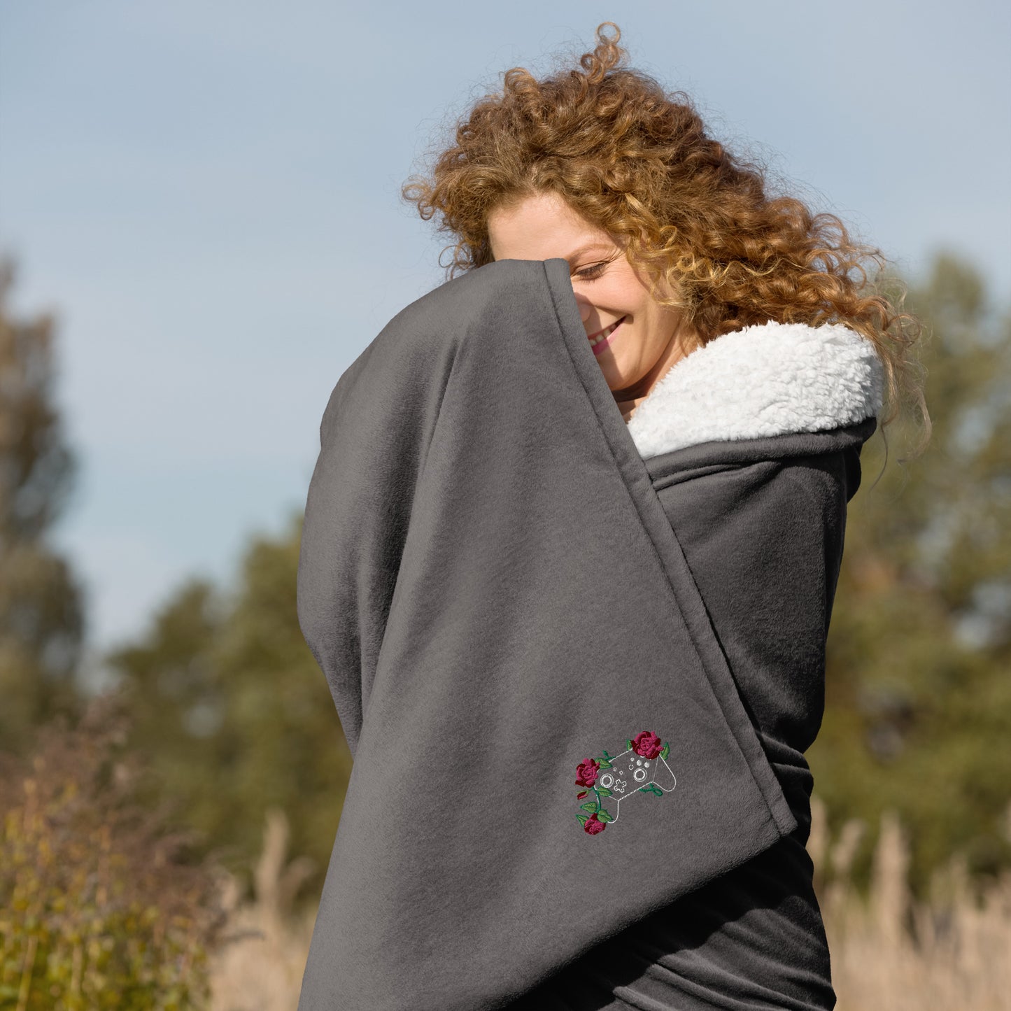 Embroidered Floral Controller Sherpa Blanket